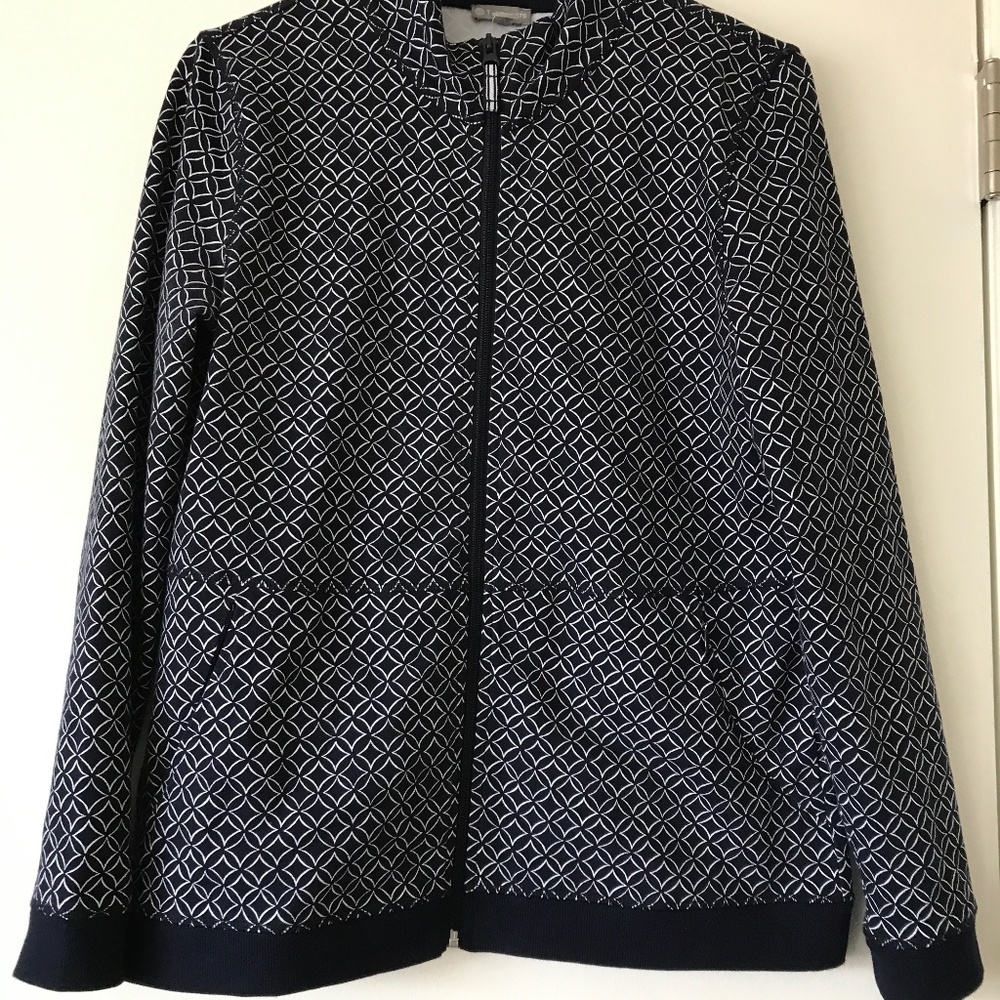 Navy knit jacket with stand-up collar